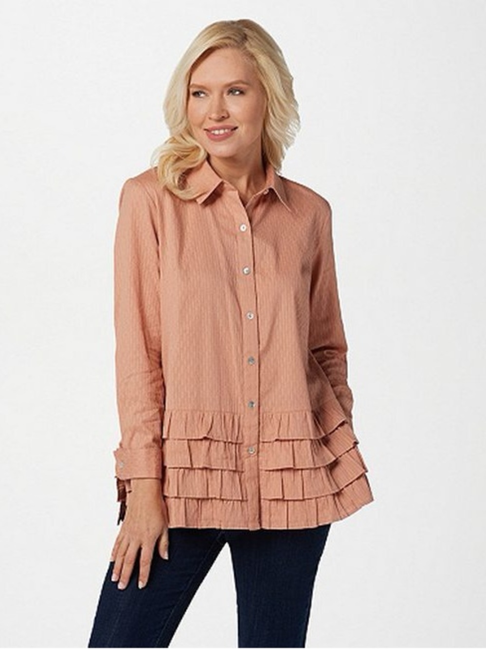 LOGO Ruffled Button-Front Blouse - Peach Pink XL - Picture 1 of 7